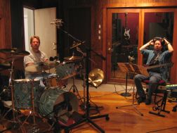Drummer Ray Mitchell and bassist Tom Kuhn recording with Bill Noonan at Old House Studio